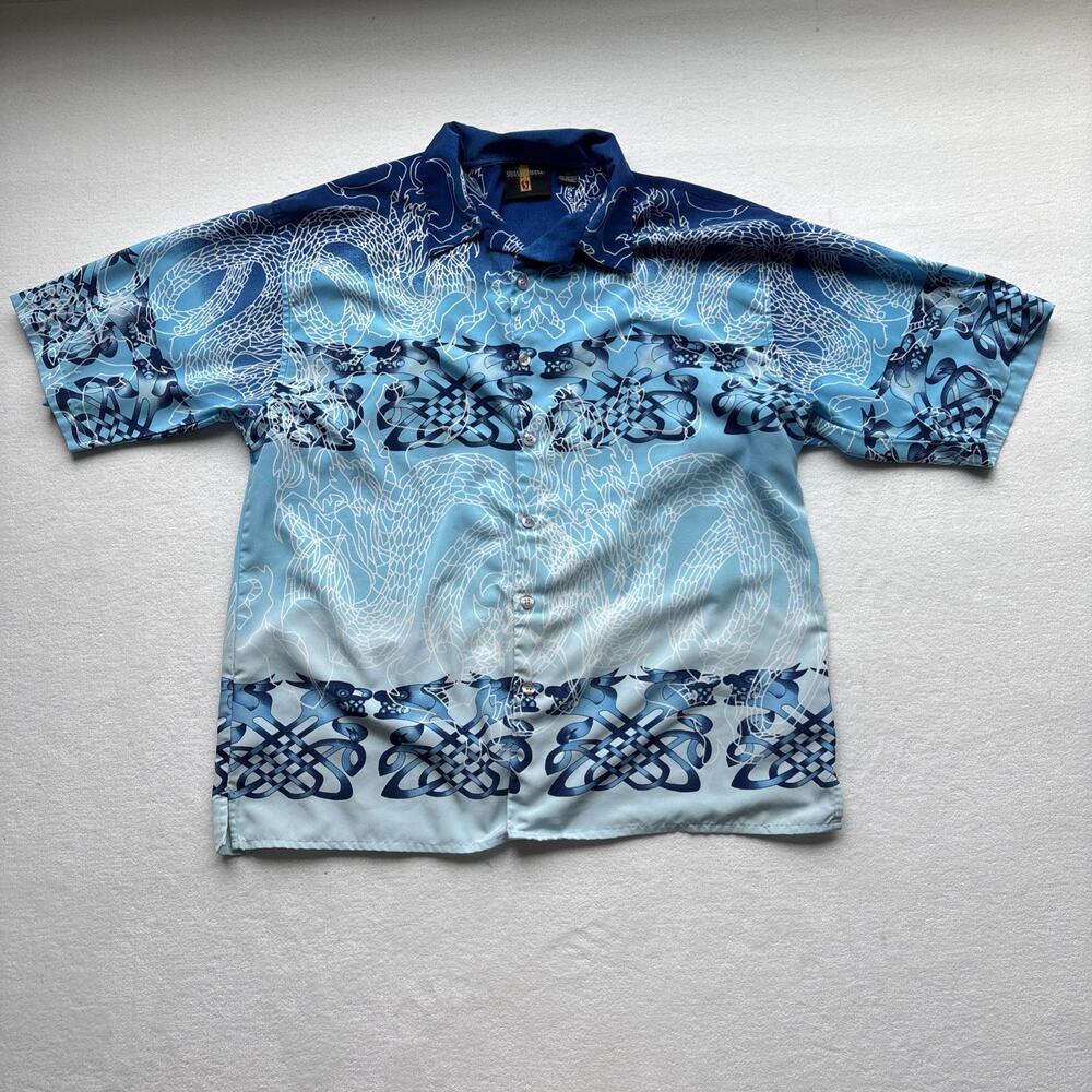 Shanu Amanu Dragon Celtic Knot Shirt Mens XXL Blue Short Sleeve Button Up XXL